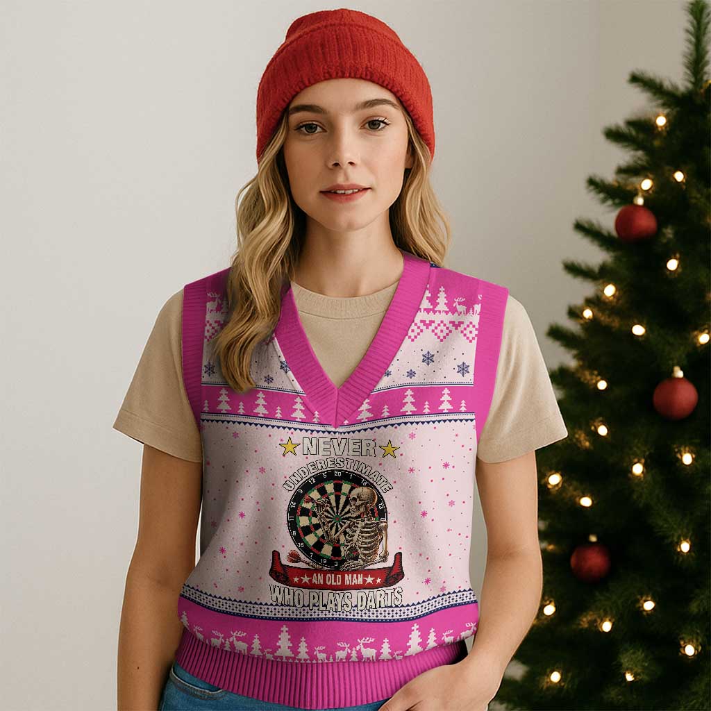 Never Underestimate An Old Man Plays Darts V-Neck Knit Sweater Vest Gothic Darts Player TS12 Hot Pink Print Your Wear