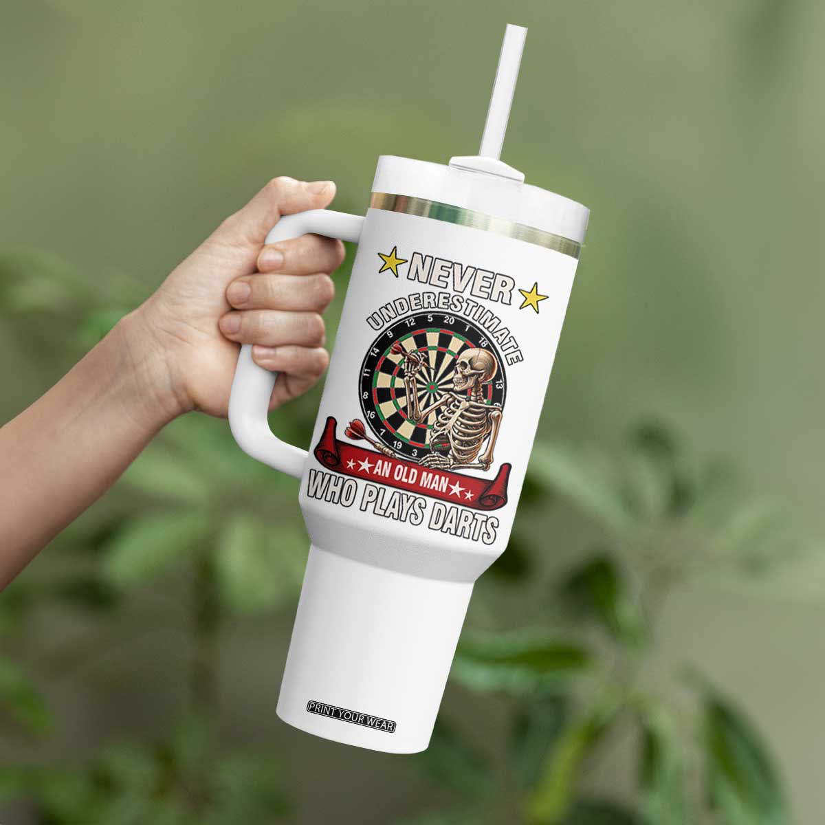 Never Underestimate An Old Man Plays Darts Tumbler With Handle Gothic Darts Player TS12 Print Your Wear