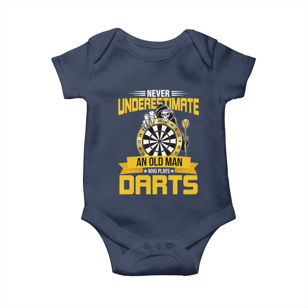 Never Underestimate An Old Man Plays Darts Baby Onesie Funny Dartist Grim Reaper Gift TS12 Navy Print Your Wear