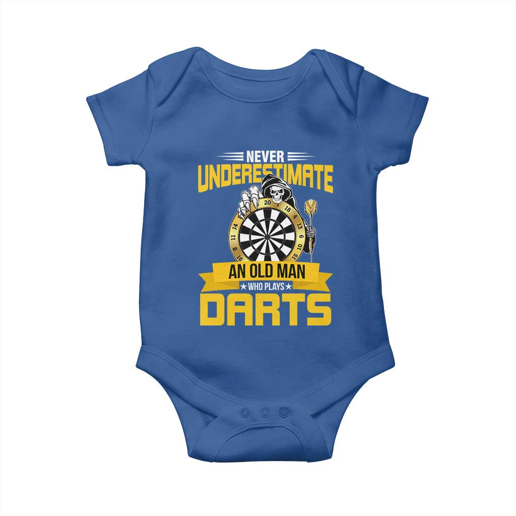 Never Underestimate An Old Man Plays Darts Baby Onesie Funny Dartist Grim Reaper Gift TS12 Royal Blue Print Your Wear