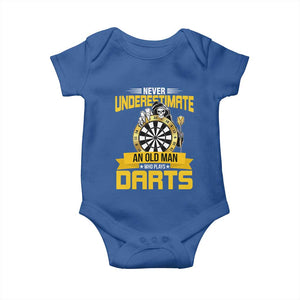 Never Underestimate An Old Man Plays Darts Baby Onesie Funny Dartist Grim Reaper Gift TS12 Royal Blue Print Your Wear