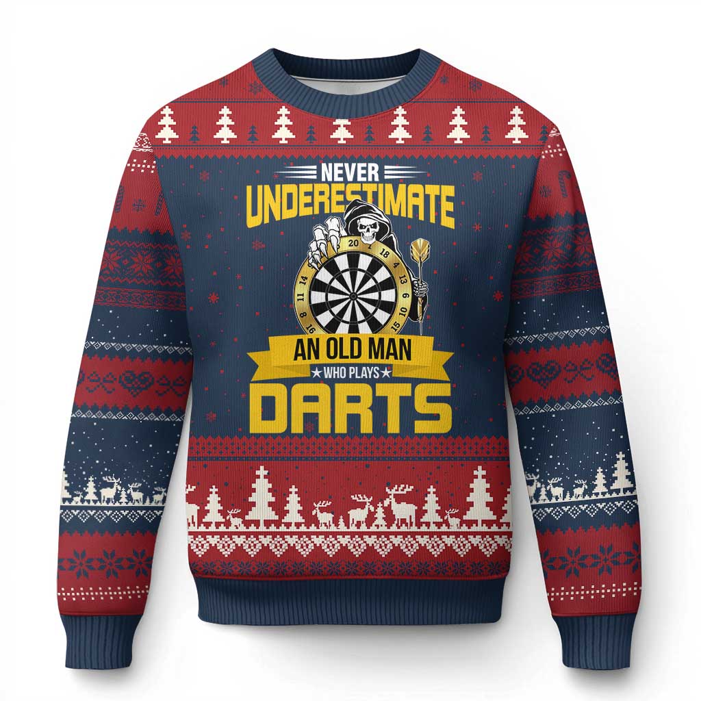 Never Underestimate An Old Man Plays Darts Ugly Christmas Sweater Funny Dartist Grim Reaper Gift TS12 Navy Red Print Your Wear