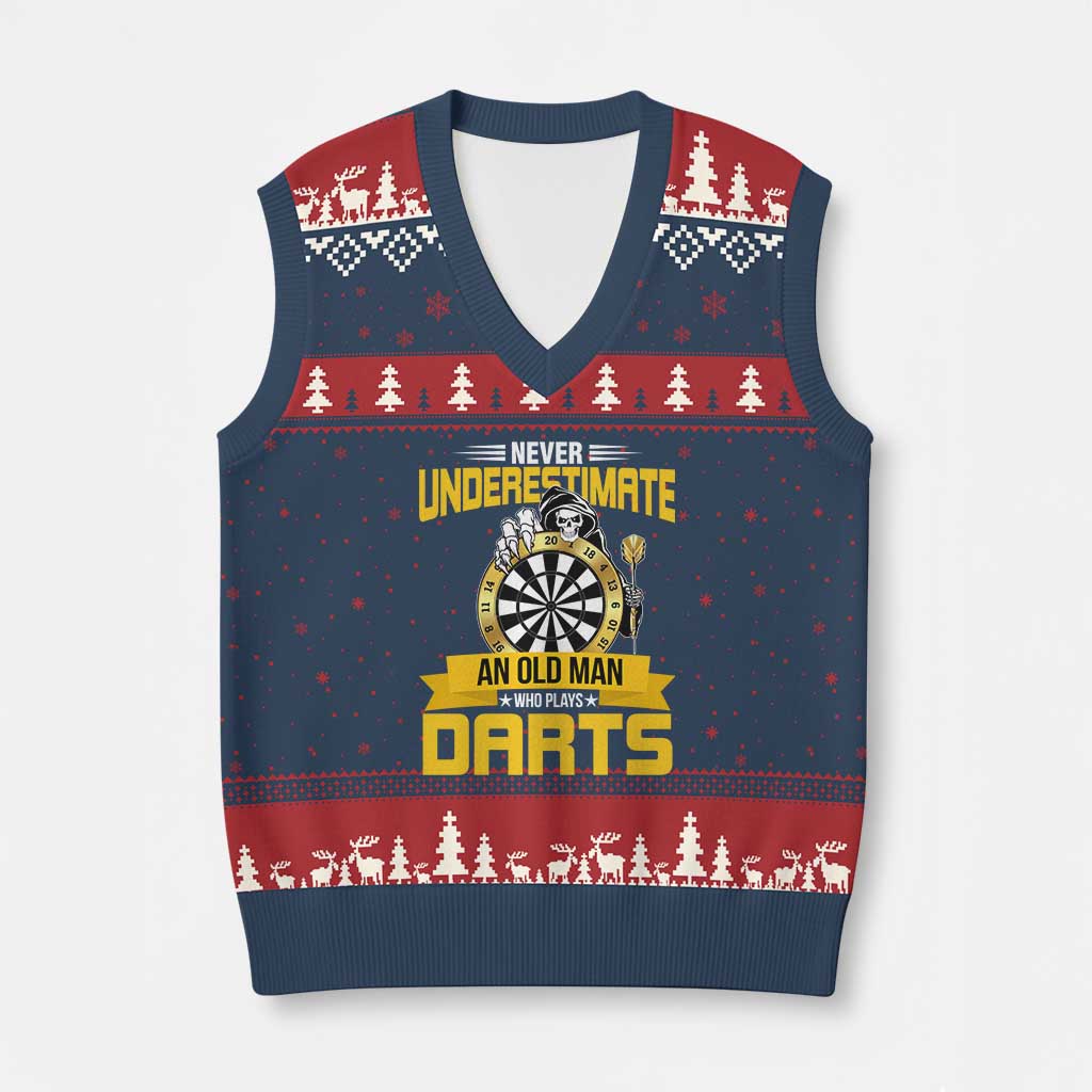 Never Underestimate An Old Man Plays Darts V-Neck Knit Sweater Vest Funny Dartist Grim Reaper Gift TS12 Navy Red Print Your Wear