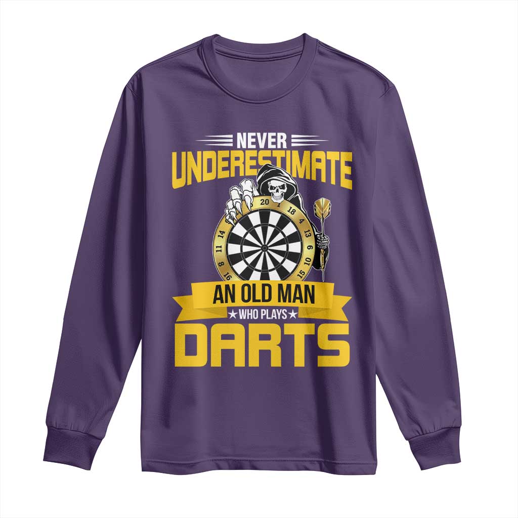 Never Underestimate An Old Man Plays Darts Long Sleeve Shirt Funny Dartist Grim Reaper Gift TS12 Purple Print Your Wear