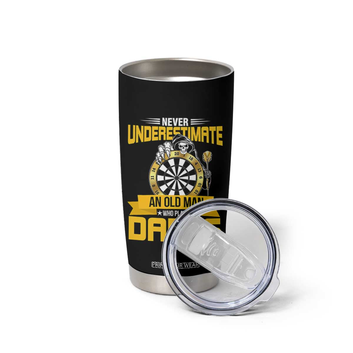 Never Underestimate An Old Man Plays Darts Tumbler Cup Funny Dartist Grim Reaper Gift TS12 Print Your Wear