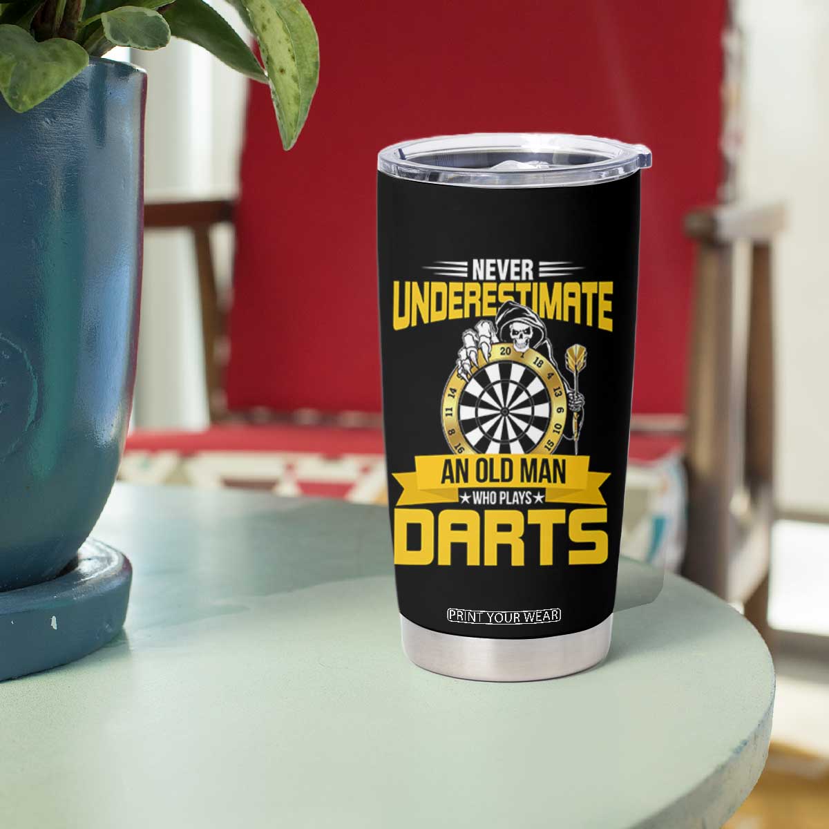 Never Underestimate An Old Man Plays Darts Tumbler Cup Funny Dartist Grim Reaper Gift TS12 Print Your Wear