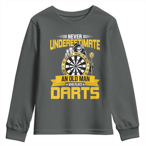 Never Underestimate An Old Man Plays Darts Youth Sweatshirt Funny Dartist Grim Reaper Gift TS12 Dark Heather Print Your Wear
