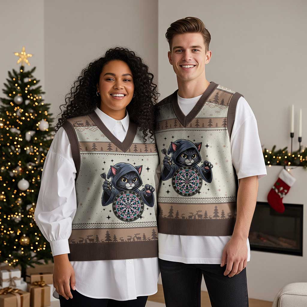 Funny Grim Reaper Cat Dart Player V-Neck Knit Sweater Vest Gothic Dartist Gift TS12 Mocha Mousse Print Your Wear
