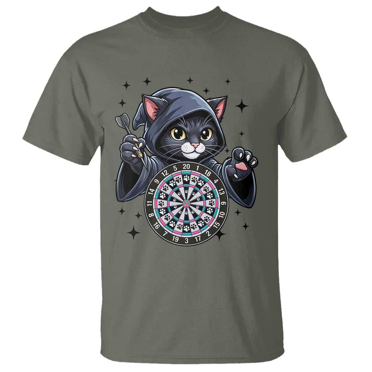 Funny Grim Reaper Cat Dart Player T Shirt Gothic Dartist Gift TS12 Military Green Print Your Wear