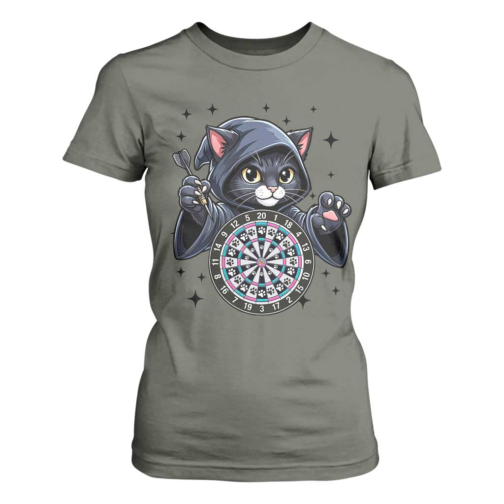 Funny Grim Reaper Cat Dart Player T Shirt For Women Gothic Dartist Gift TS12 Military Green Print Your Wear