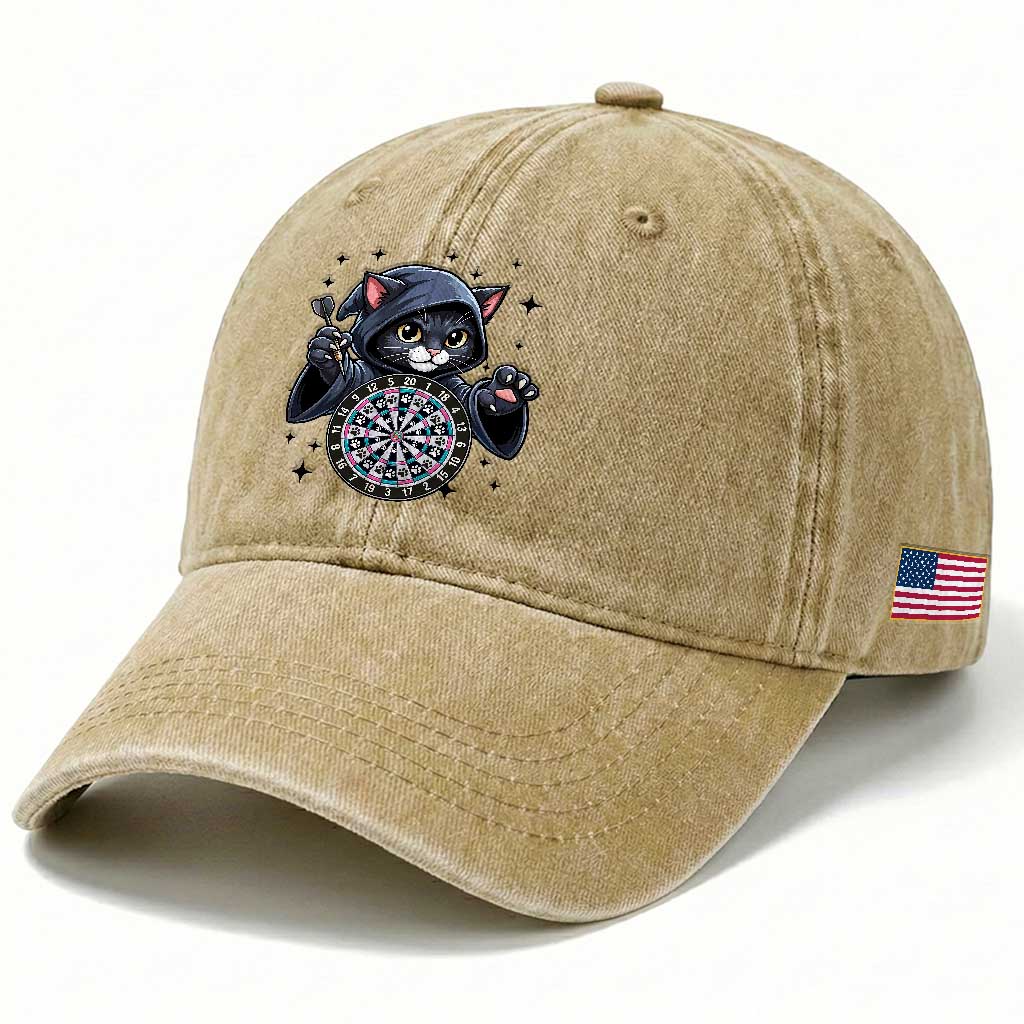 Funny Grim Reaper Cat Dart Player Washed Cotton Baseball Cap Gothic Dartist Gift TS12 Print Your Wear