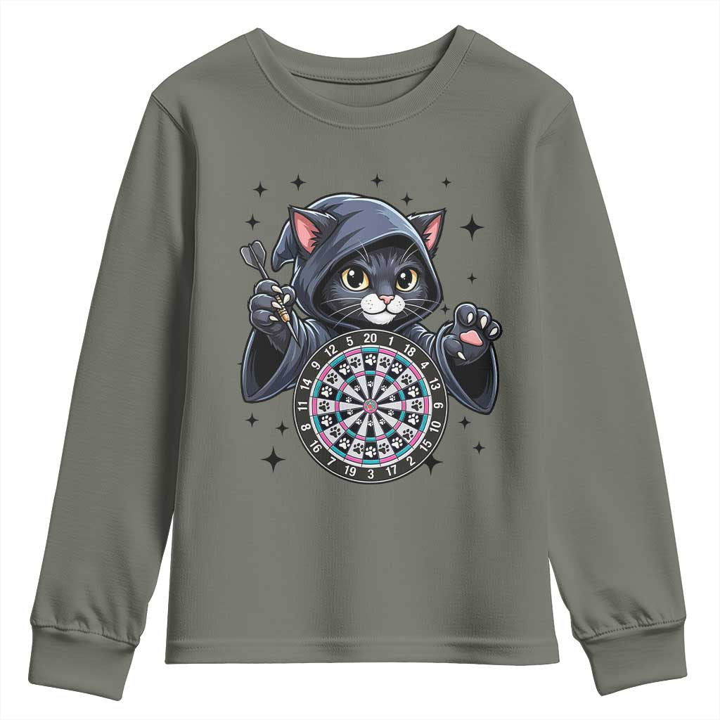 Funny Grim Reaper Cat Dart Player Youth Sweatshirt Gothic Dartist Gift TS12 Military Green Print Your Wear