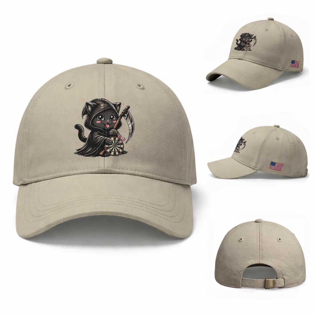 Dark Reaper Cat Throwing Darts Baseball Cap Funny Pub Game Gift TS12 Baseball Cap Universal Fit Beige Print Your Wear