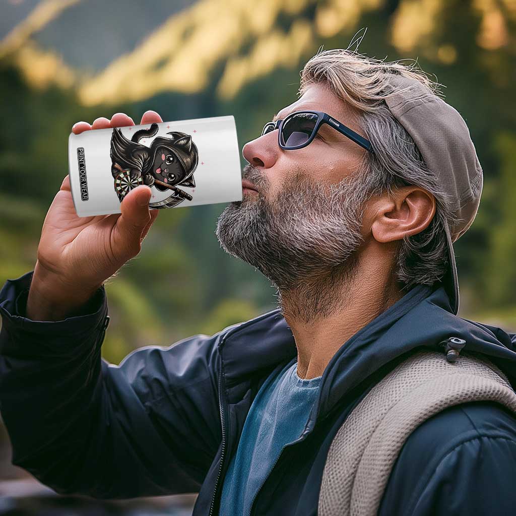 Dark Reaper Cat Throwing Darts 4 in 1 Can Cooler Tumbler Funny Pub Game Gift - Print Your Wear