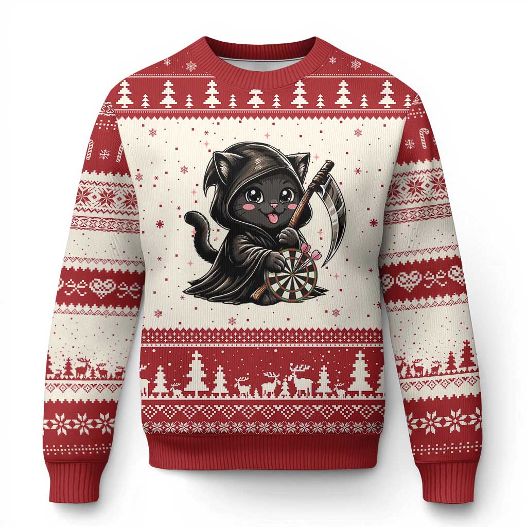 Dark Reaper Cat Throwing Darts Ugly Christmas Sweater Funny Pub Game Gift - Print Your Wear