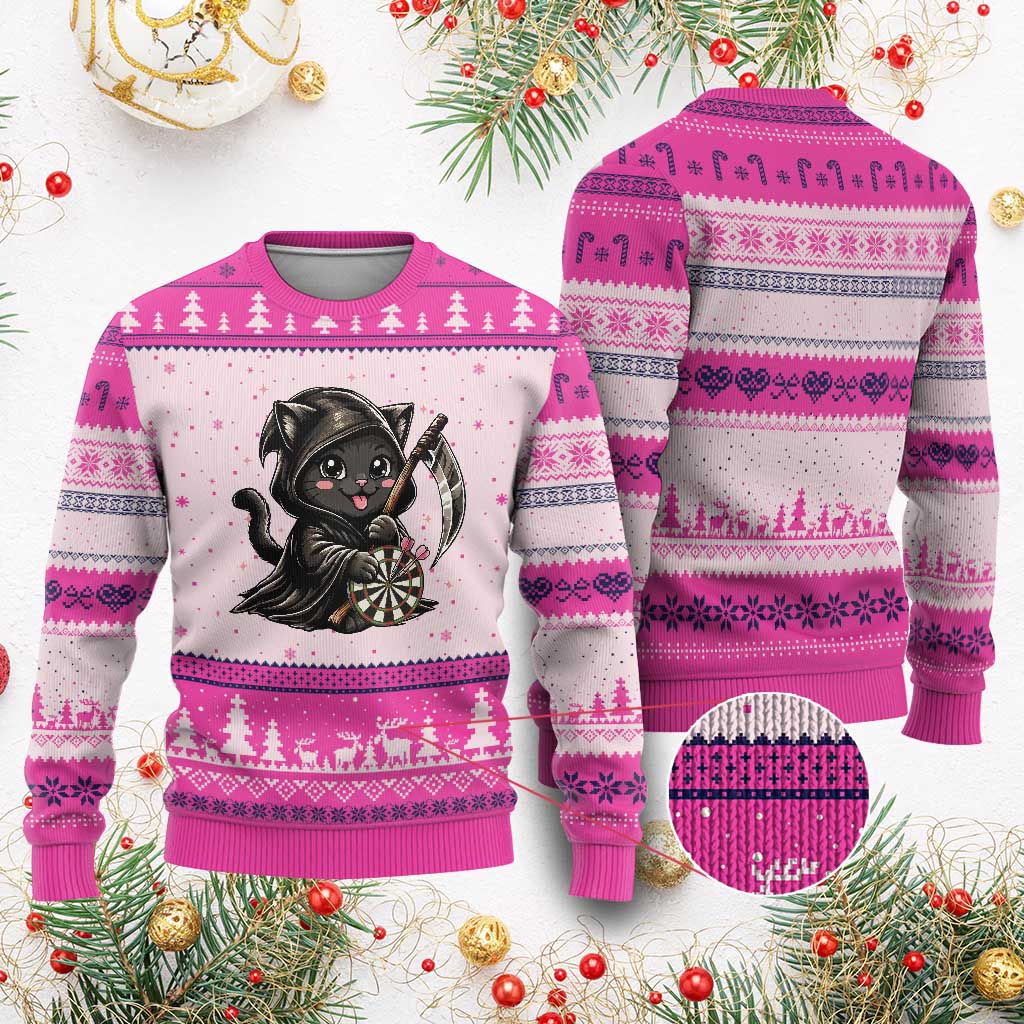 Dark Reaper Cat Throwing Darts Ugly Christmas Sweater Funny Pub Game Gift - Print Your Wear