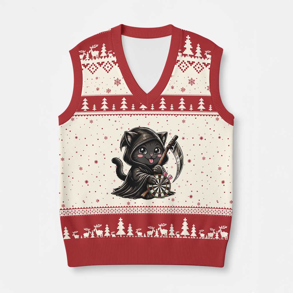 Dark Reaper Cat Throwing Darts V-Neck Knit Sweater Vest Funny Pub Game Gift - Print Your Wear