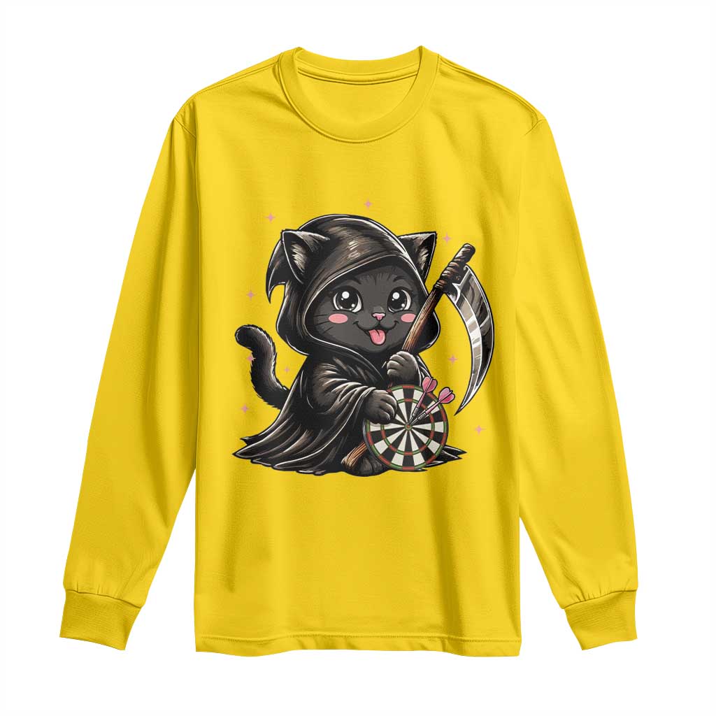 Dark Reaper Cat Throwing Darts Long Sleeve Shirt Funny Pub Game Gift - Print Your Wear