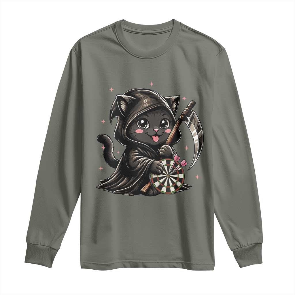Dark Reaper Cat Throwing Darts Long Sleeve Shirt Funny Pub Game Gift - Print Your Wear