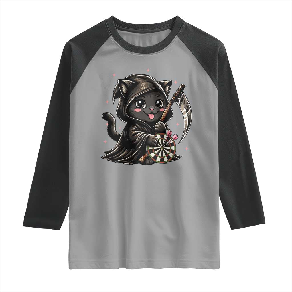 Dark Reaper Cat Throwing Darts Raglan Shirt Funny Pub Game Gift - Print Your Wear