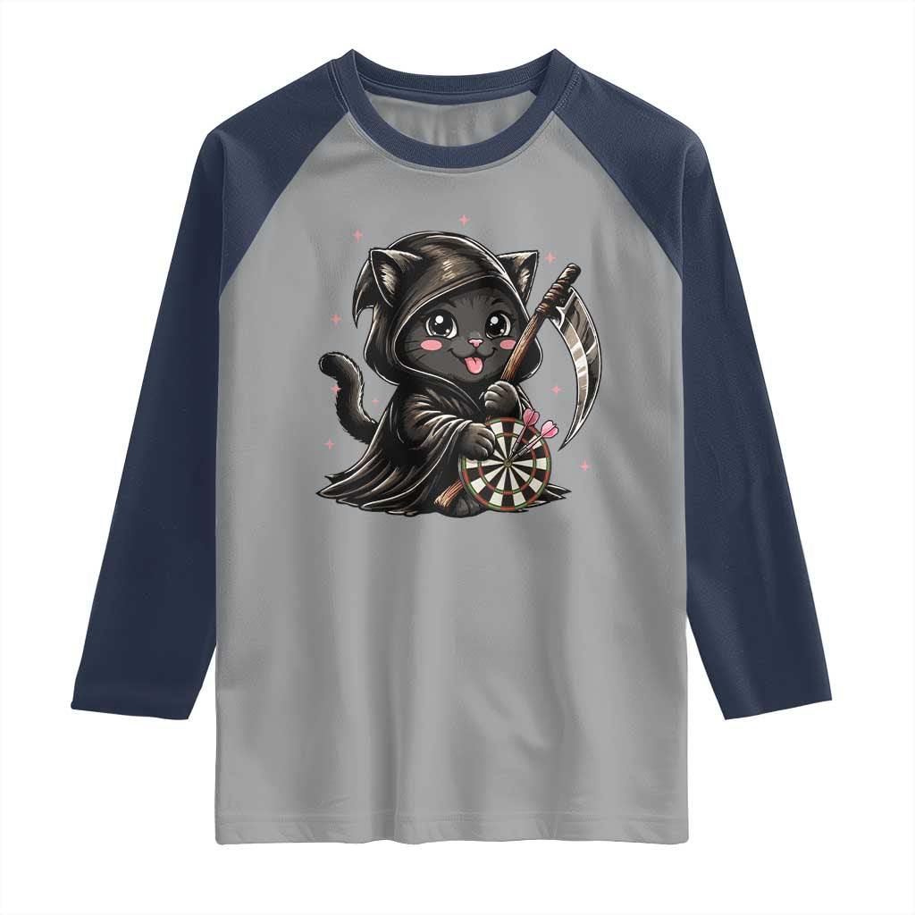 Dark Reaper Cat Throwing Darts Raglan Shirt Funny Pub Game Gift TS12 Sport Gray Navy Print Your Wear