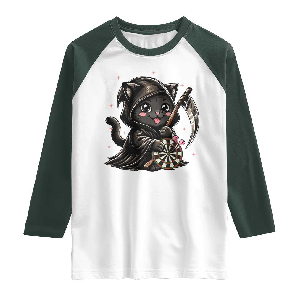 Dark Reaper Cat Throwing Darts Raglan Shirt Funny Pub Game Gift TS12 White Dark Forest Green Print Your Wear