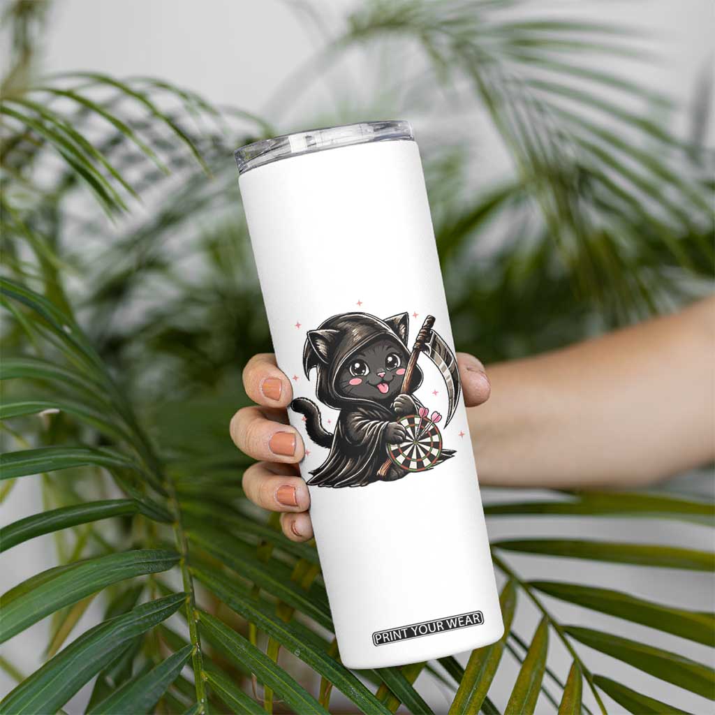 Dark Reaper Cat Throwing Darts Skinny Tumbler Funny Pub Game Gift - Print Your Wear