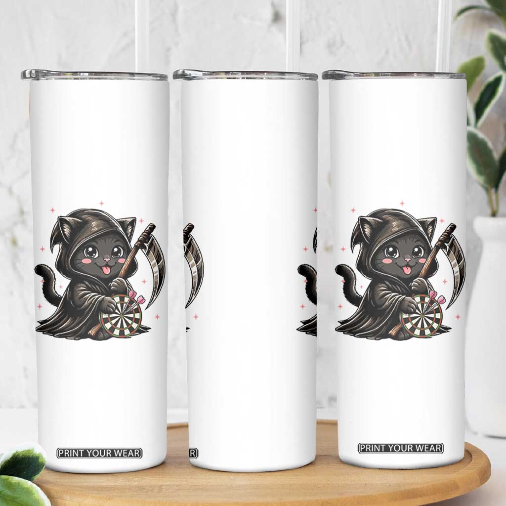 Dark Reaper Cat Throwing Darts Skinny Tumbler Funny Pub Game Gift - Print Your Wear