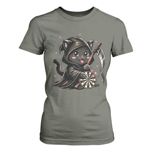 Dark Reaper Cat Throwing Darts T Shirt For Women Funny Pub Game Gift TS12 Military Green Print Your Wear