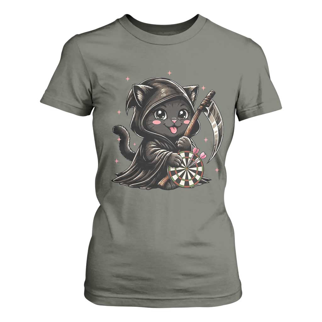 Dark Reaper Cat Throwing Darts T Shirt For Women Funny Pub Game Gift - Print Your Wear