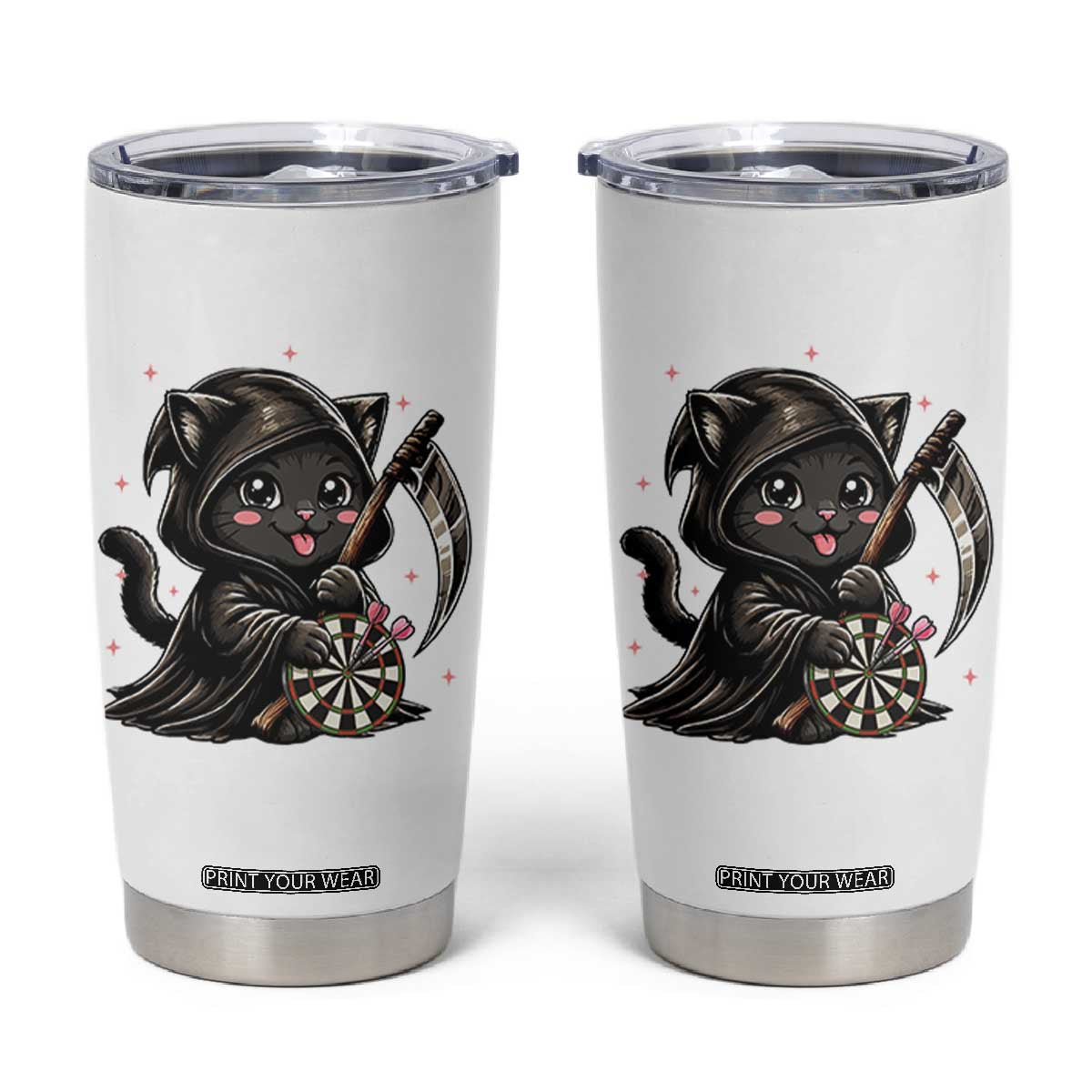 Dark Reaper Cat Throwing Darts Tumbler Cup Funny Pub Game Gift - Print Your Wear