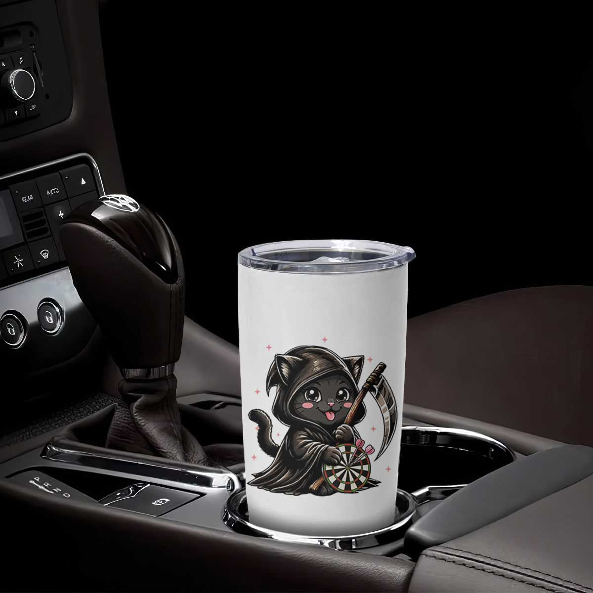 Dark Reaper Cat Throwing Darts Tumbler Cup Funny Pub Game Gift - Print Your Wear