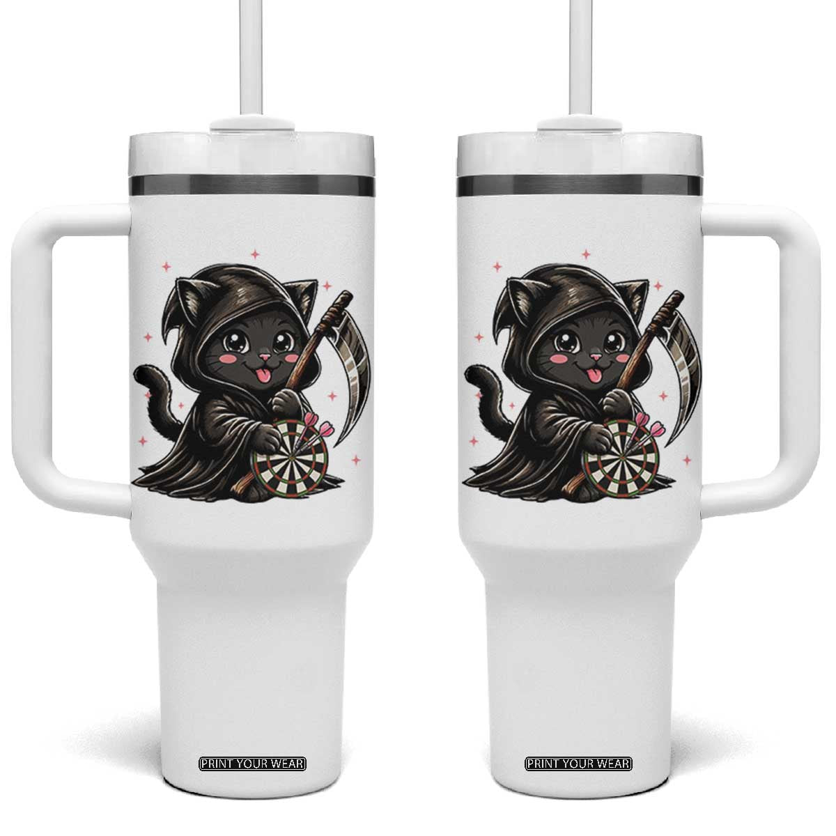 Dark Reaper Cat Throwing Darts Tumbler With Handle Funny Pub Game Gift - Print Your Wear