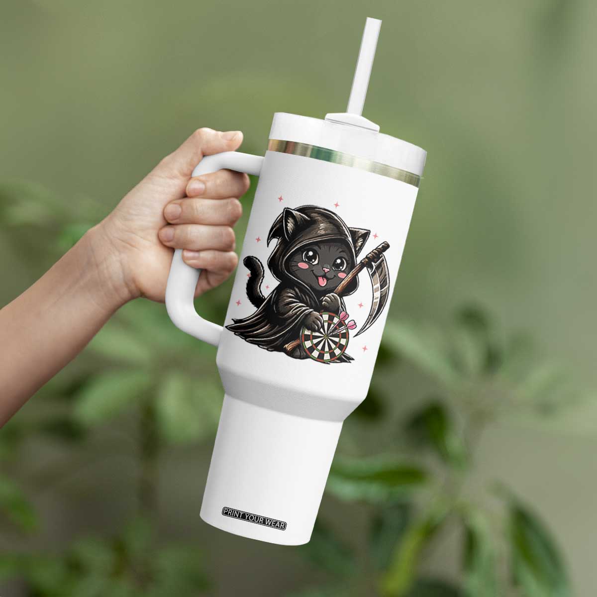 Dark Reaper Cat Throwing Darts Tumbler With Handle Funny Pub Game Gift - Print Your Wear