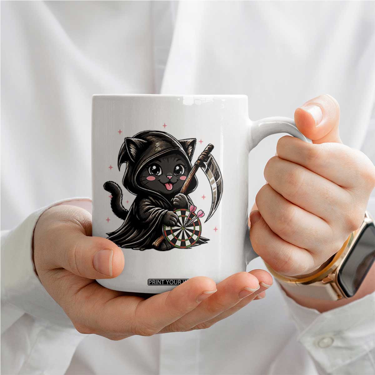 Dark Reaper Cat Throwing Darts Coffee Mug Funny Pub Game Gift - Print Your Wear