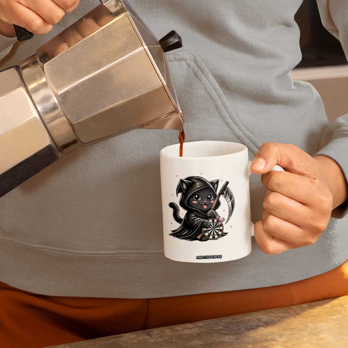 Dark Reaper Cat Throwing Darts Coffee Mug Funny Pub Game Gift - Print Your Wear