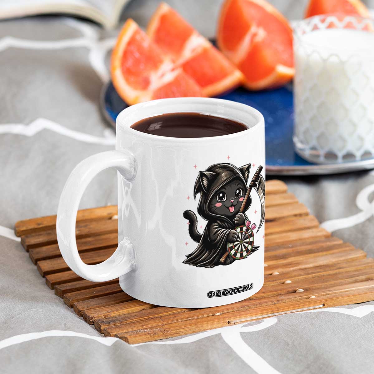 Dark Reaper Cat Throwing Darts Coffee Mug Funny Pub Game Gift - Print Your Wear