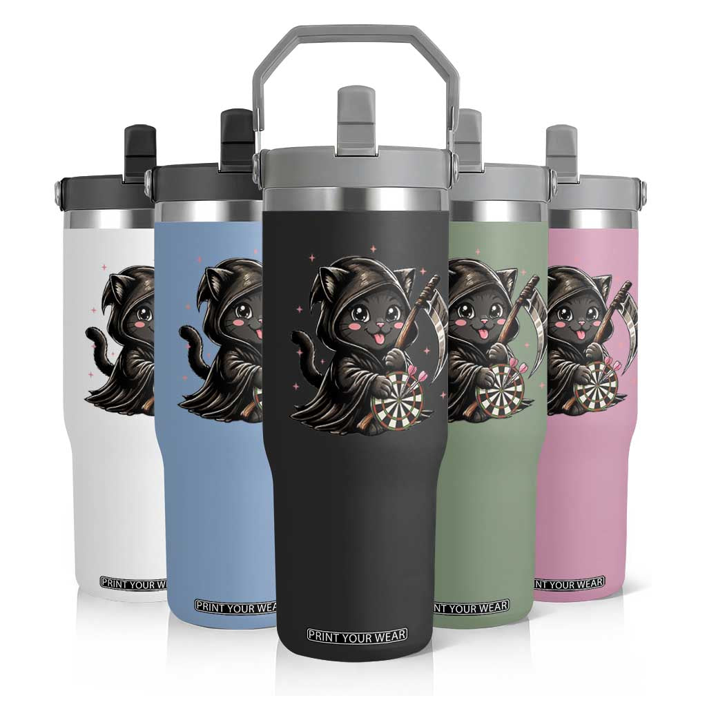 Dark Reaper Cat Throwing Darts Flip Straw Tumbler Funny Pub Game Gift - Print Your Wear