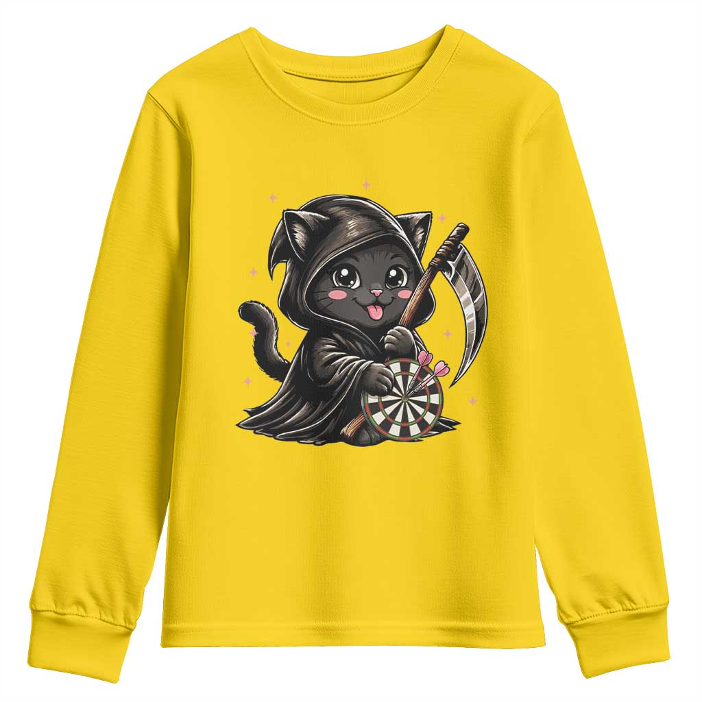 Dark Reaper Cat Throwing Darts Youth Sweatshirt Funny Pub Game Gift - Print Your Wear