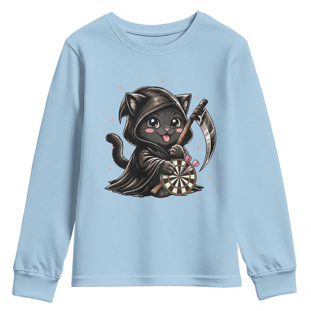 Dark Reaper Cat Throwing Darts Youth Sweatshirt Funny Pub Game Gift TS12 Light Blue Print Your Wear