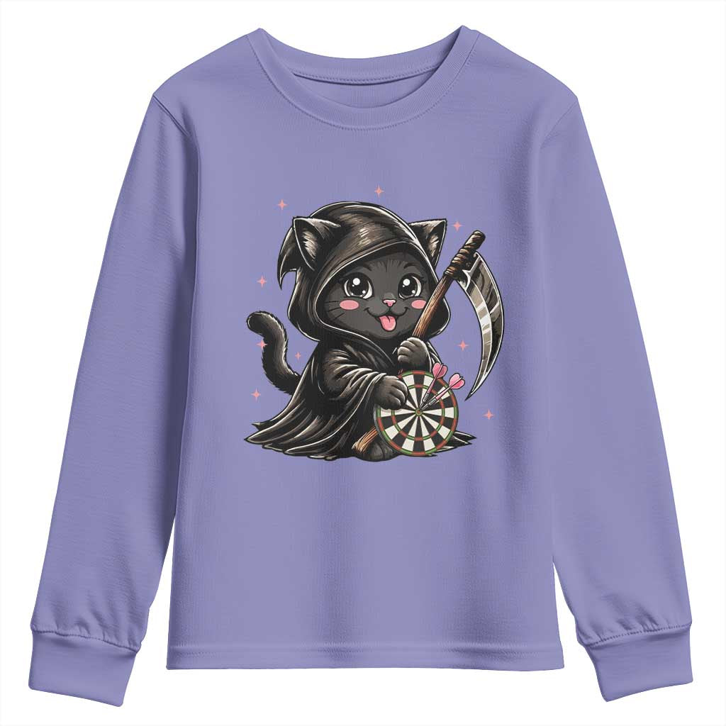 Dark Reaper Cat Throwing Darts Youth Sweatshirt Funny Pub Game Gift TS12 Violet Print Your Wear