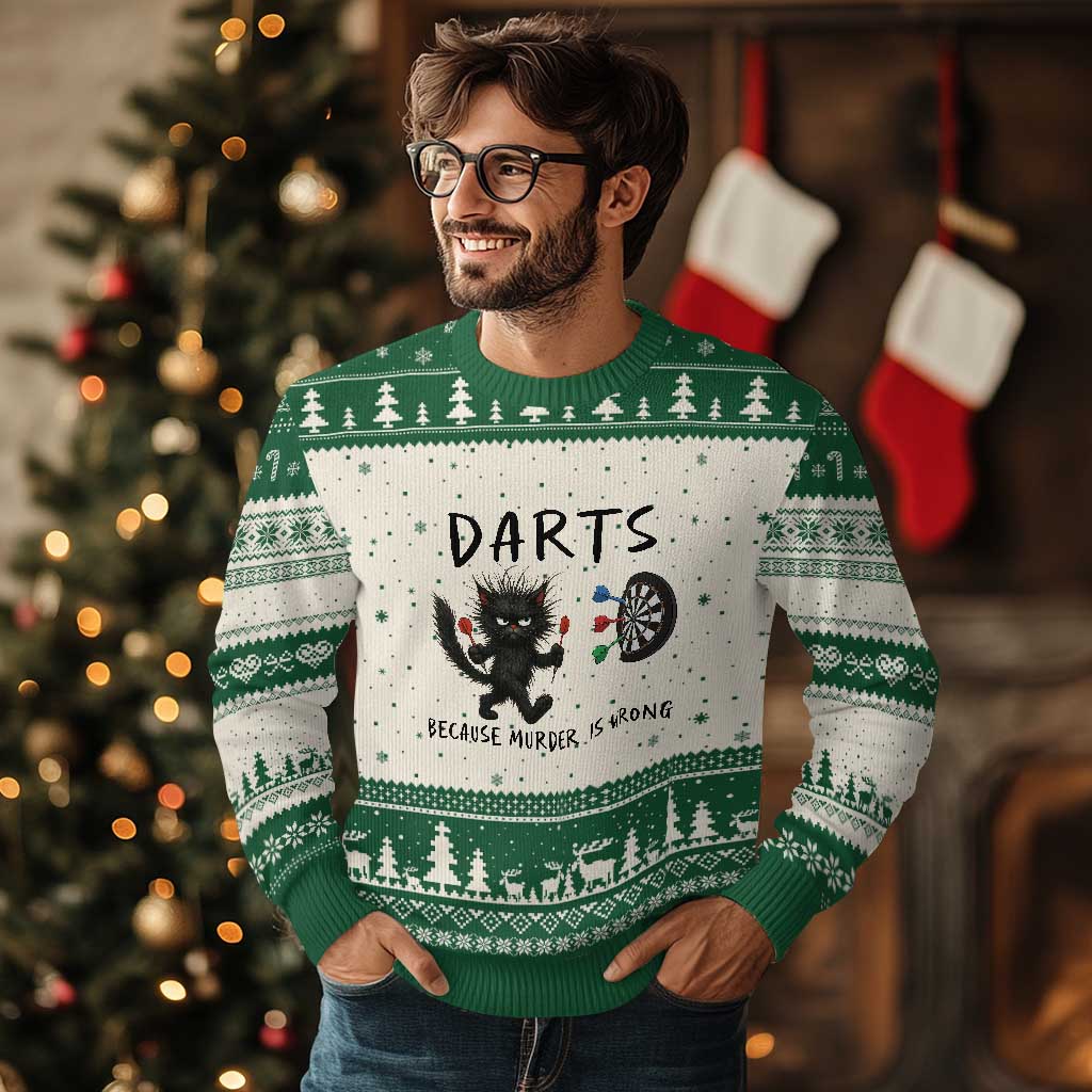 Funny Grumpy Cat Dart Player Ugly Christmas Sweater Because Murder Is Wrong Pub Game Gift - Print Your Wear