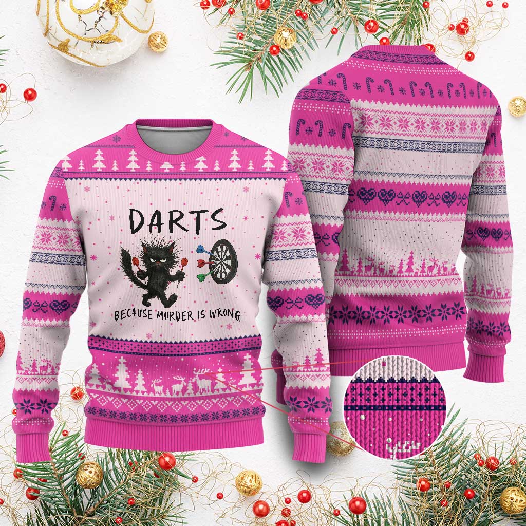 Funny Grumpy Cat Dart Player Ugly Christmas Sweater Because Murder Is Wrong Pub Game Gift - Print Your Wear