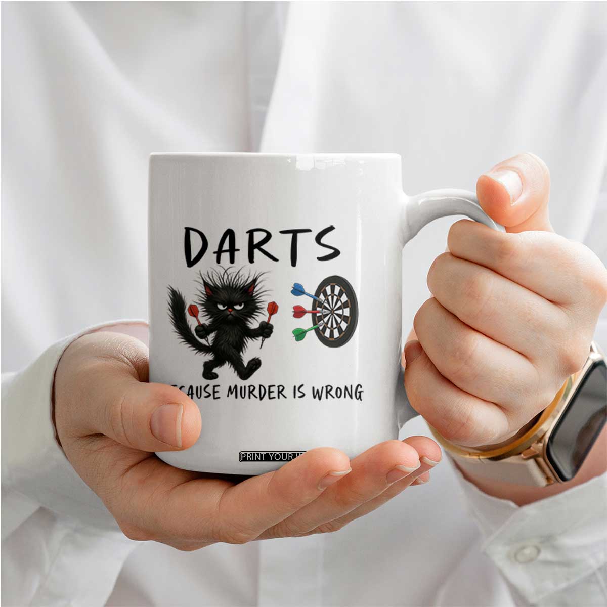 Funny Grumpy Cat Dart Player Coffee Mug Because Murder Is Wrong Pub Game Gift - Print Your Wear