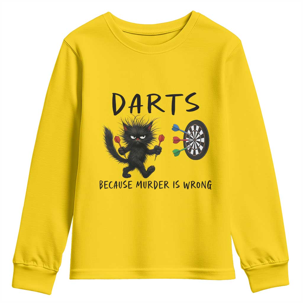Funny Grumpy Cat Dart Player Youth Sweatshirt Because Murder Is Wrong Pub Game Gift - Print Your Wear