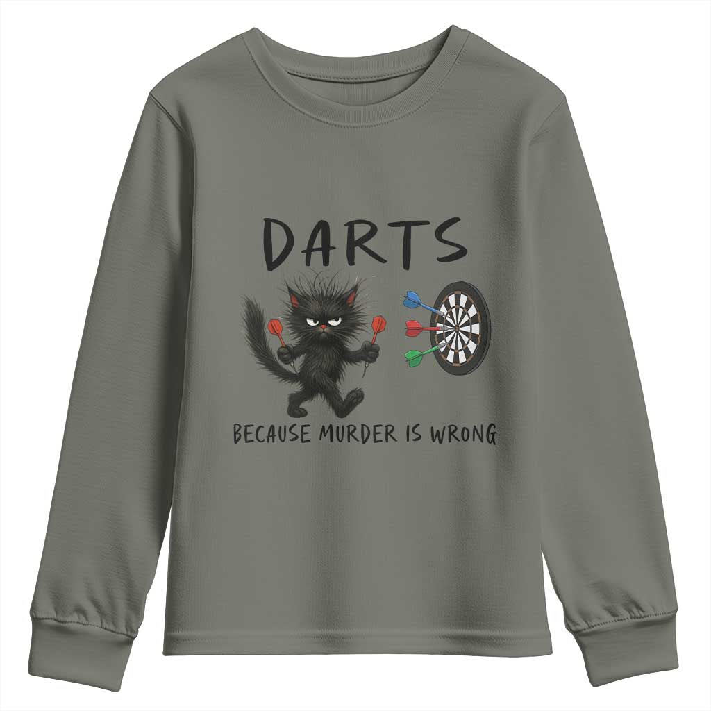 Funny Grumpy Cat Dart Player Youth Sweatshirt Because Murder Is Wrong Pub Game Gift TS12 Military Green Print Your Wear