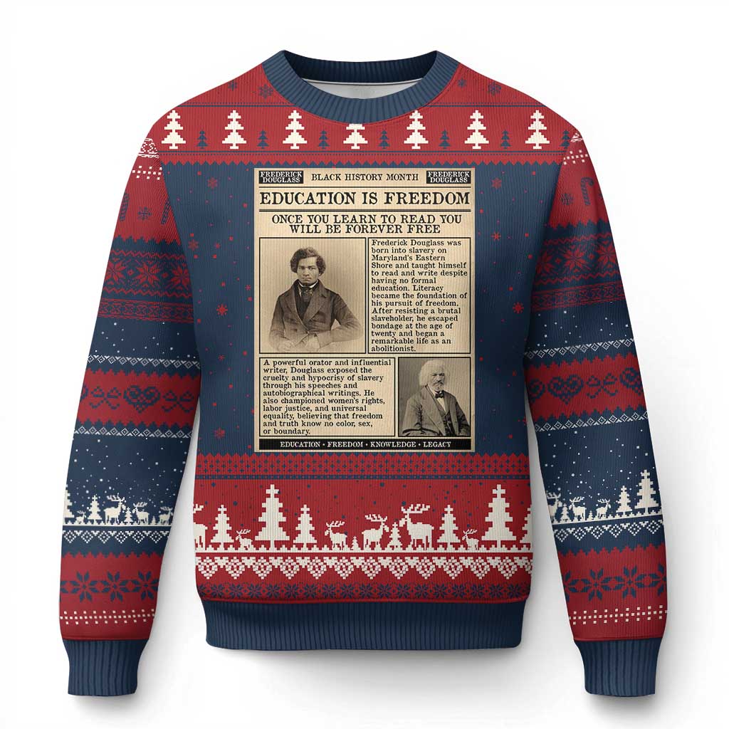Education Is Freedom Newspaper Ugly Christmas Sweater Frederick Douglass Black History Month Gift TS12 Navy Red Print Your Wear