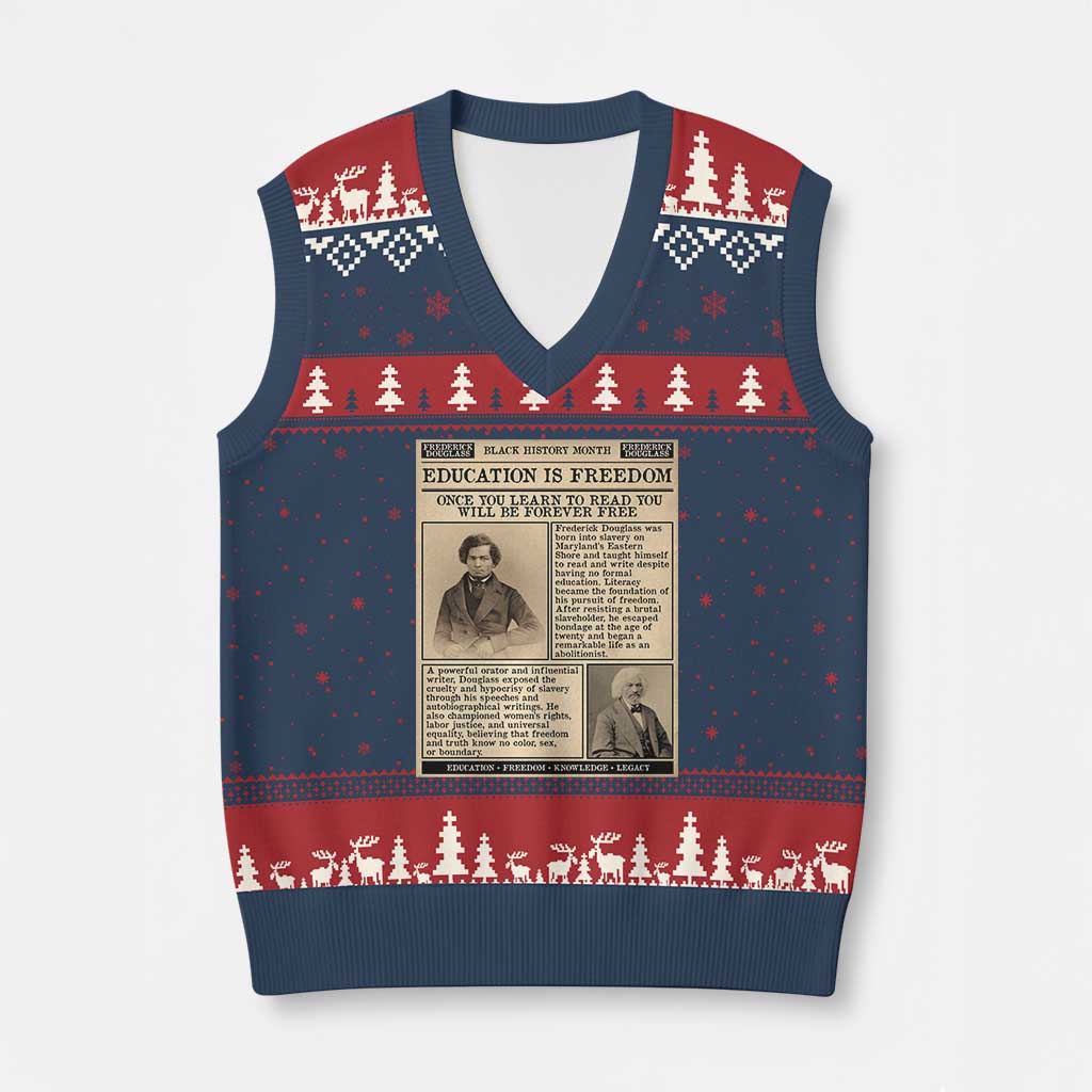 Education Is Freedom Newspaper V-Neck Knit Sweater Vest Frederick Douglass Black History Month Gift TS12 Navy Red Print Your Wear