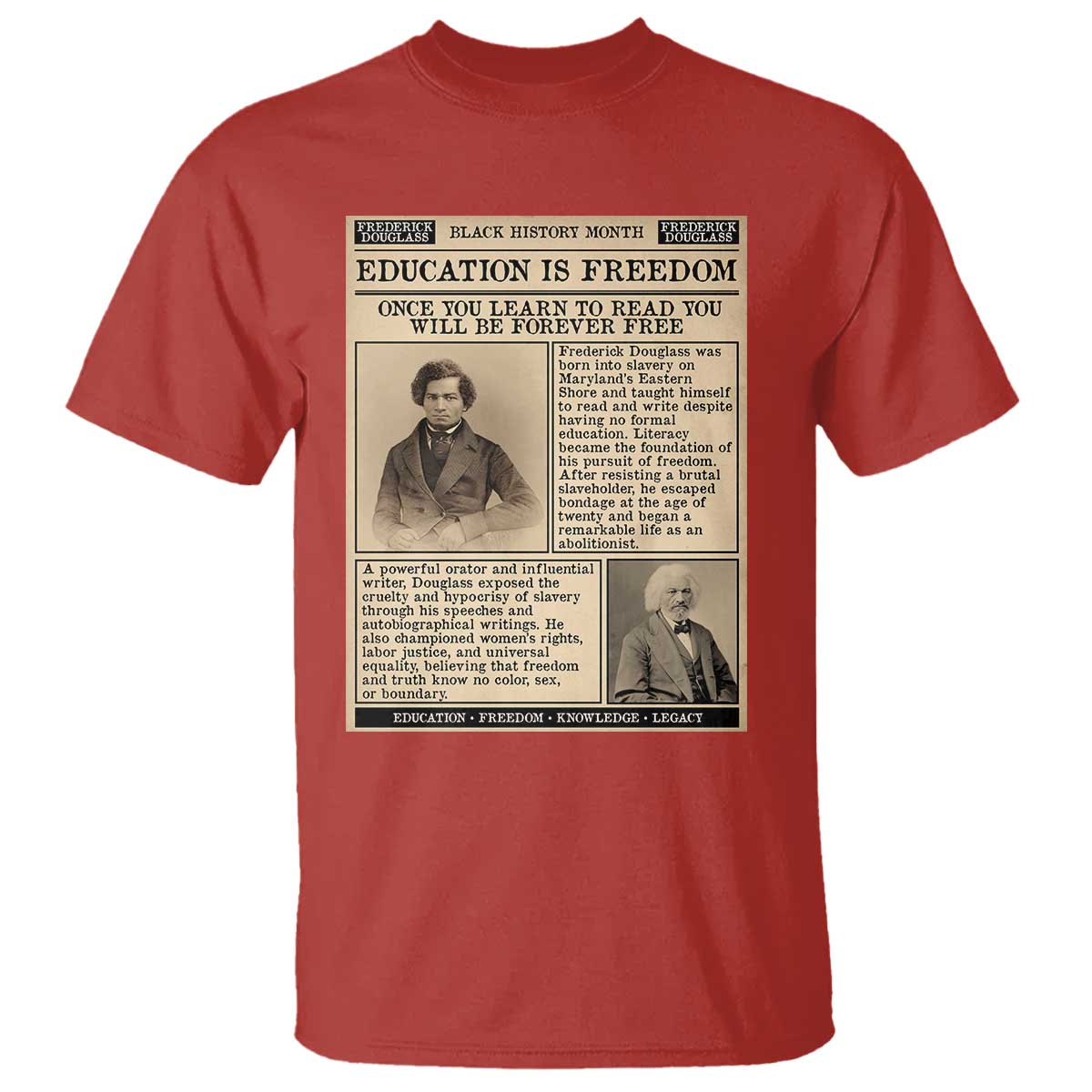 Education Is Freedom Newspaper T Shirt Frederick Douglass Black History Month Gift TS12 Red Print Your Wear