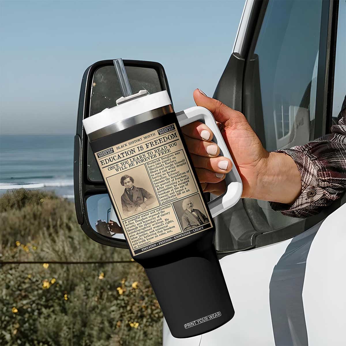 Education Is Freedom Newspaper Tumbler With Handle Frederick Douglass Black History Month Gift TS12 Print Your Wear
